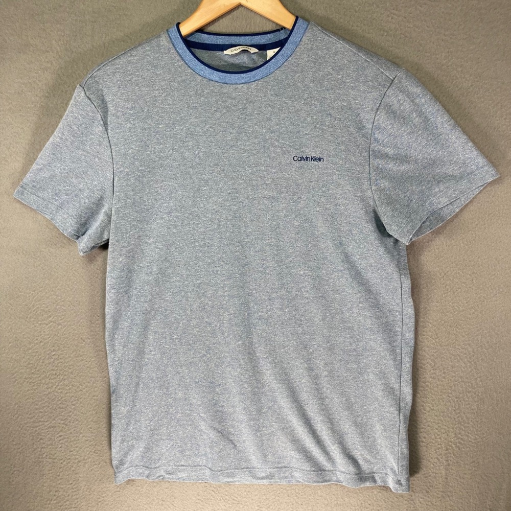 Calvin Klein T Shirt Mens Medium Gray Blue Trim‎ Crew Neck Casual